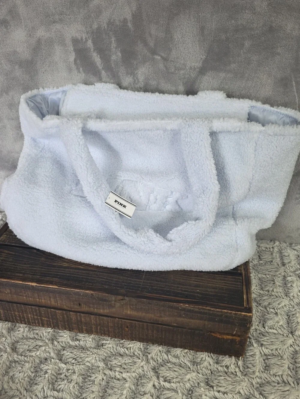 Victoria's Secret PINK Large & Roomy Fuzzy Sherpa Sky Blue Bag